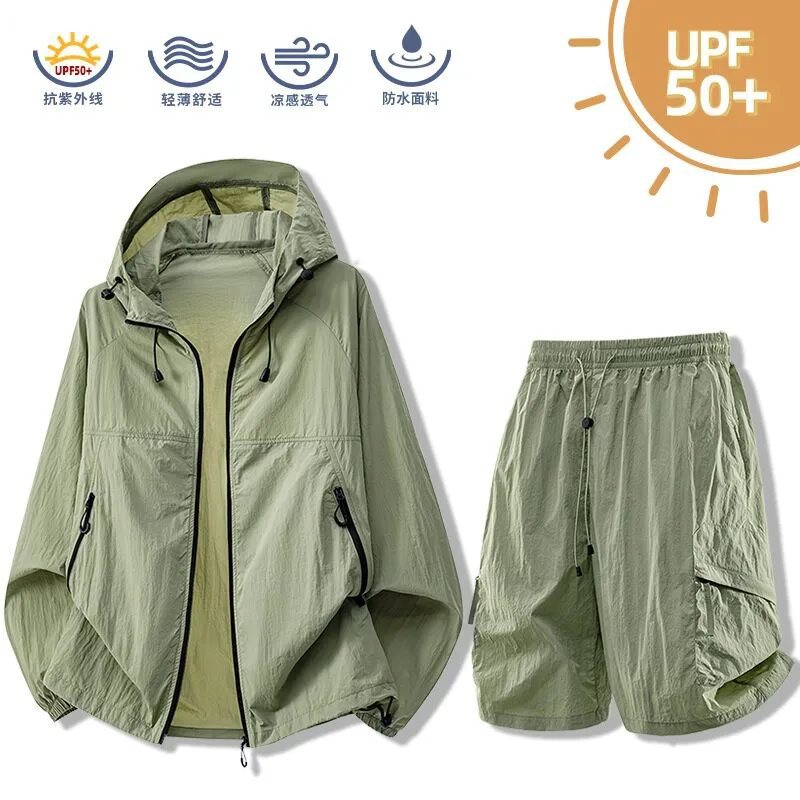 夏季新款连帽服外套短裤套装情侣潮流皮肤衣透气户外运动套装