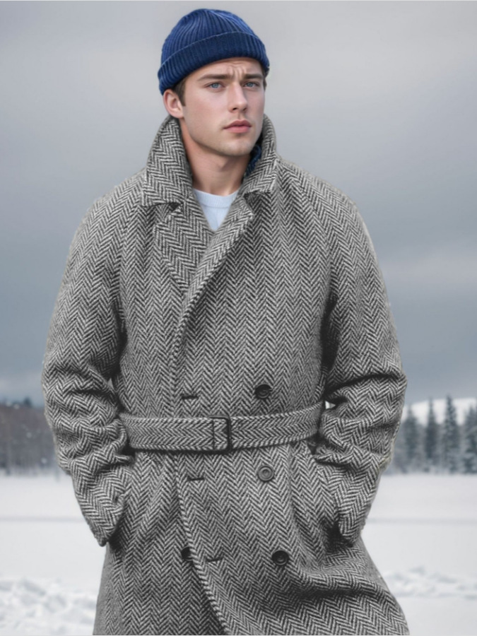 2024 European size cross-border autumn and winter new men's mid-length wool plaid double-breasted cotton padded coat for men