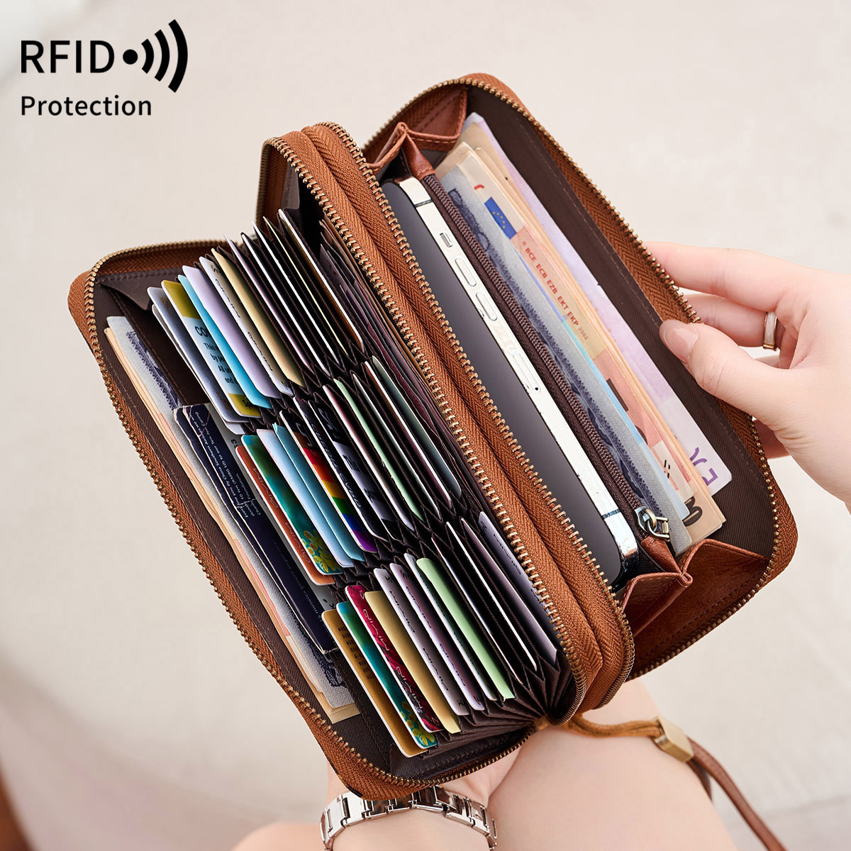 국경 간 인기 판매 RFID 도난 방지 여성용 장 지갑 복고풍 소 패턴 오르간 카드 홀더 대용량 클러치 백