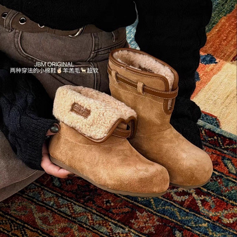 Autumn and Winter Kidsren's Leather Boots, Two-Wear Fleece-Lined Mid-Calf Boots for Boys and Girls, Lamb Fur Warm Snow Boots, Big Kidsren's Cotton Boots