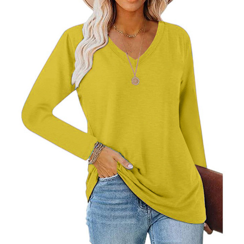 Autumn and winter European and American women's blouse long-sleeved V-neck elegant casual solid color T-shirt loose outer coat