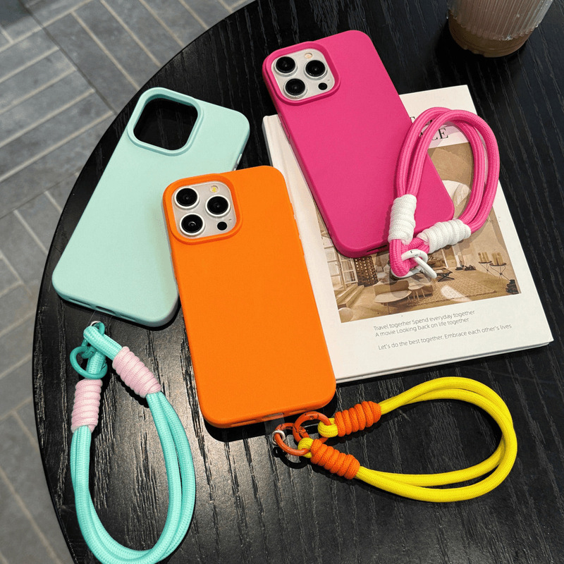 Leather Texture Phone Case with Lanyard Suitable for Apple 17 Pro Max, iPhone 16, 15, Simple Solid Color for 11, New Model for 13, 12