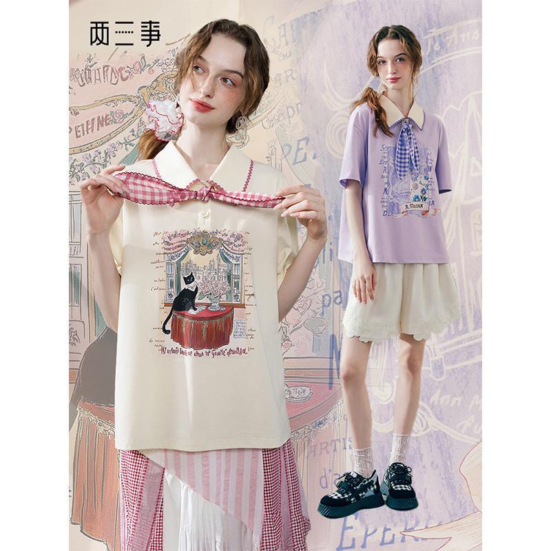 Two or Three Things Dusk Purple Fantasy Moon 2025 Summer New Sweet Plaid Tie Color-Block Printed T-Shirt for Women Loose Fit Two or Three Things Dusk Purple Fantasy Moon 2025 Summer New Sweet Plaid Tie Color-Block Printed T-Shirt for Women Loose Fit