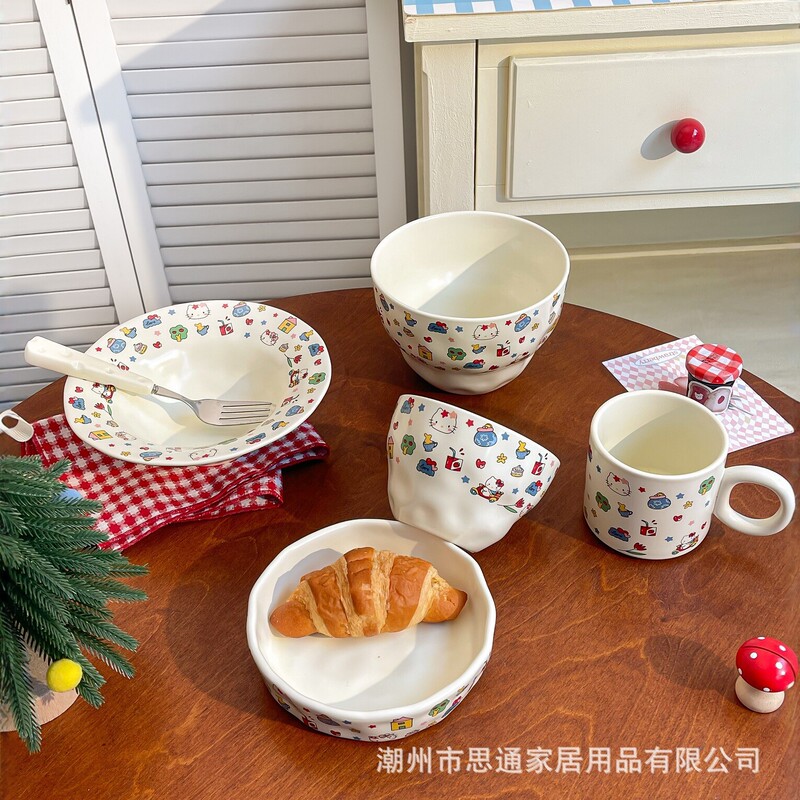 Cute Cartoon Ceramic Tableware Set Kt Cat Rice Bowl Mug Household Breakfast Bowl Salad Bowl High Aesthetic Value Ins