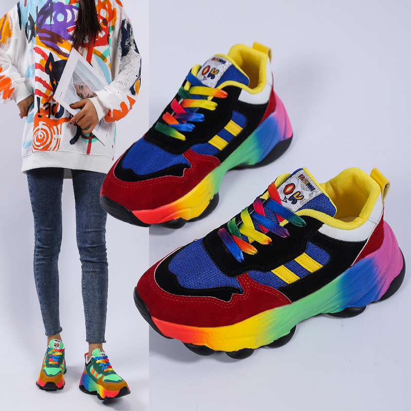 Foreign Trade Large Size Casual Single Shoes Rainbow Sole European and American Fashion Lace-up Fly-woven Breathable Casual Sports Spot Single Shoes for Women