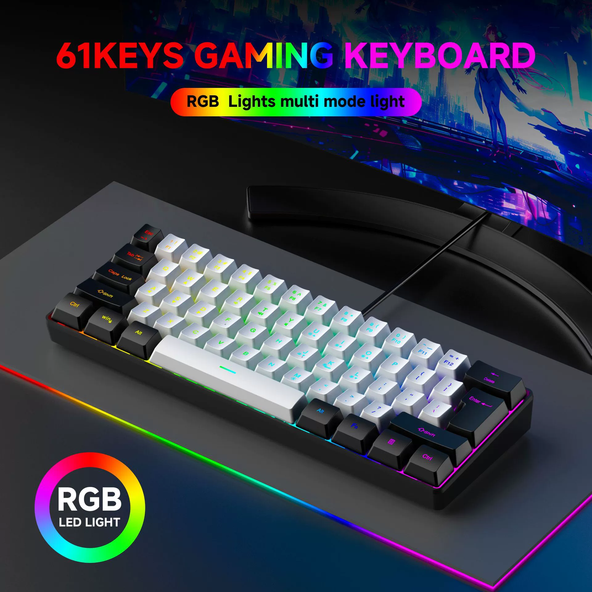 Набор клавиатура G61 — 61-клавишная механическая RGB проводная USB-клавиатура с мышью, ABS-пластик, белая/чёрная