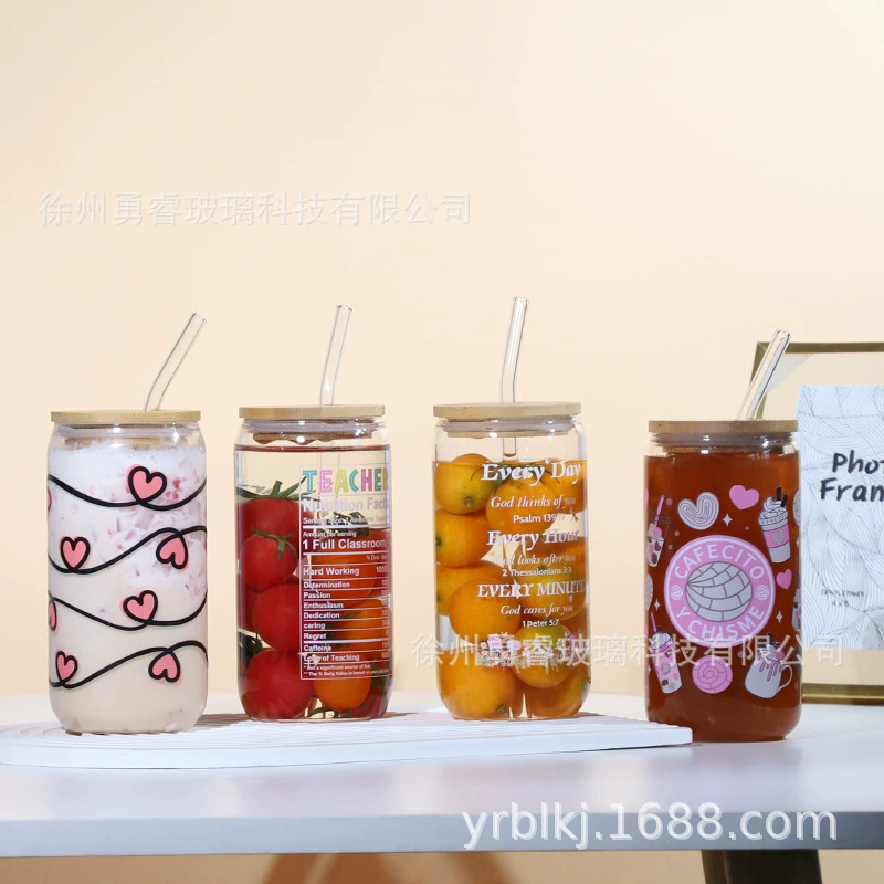 Glass Tumbler Set, 16 oz (500 ml), bamboo lid & straw, printed cola design