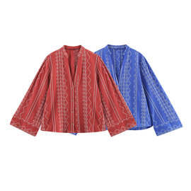 TAOP&ZA欧美风春季新品宽松版V领刺绣上衣复古花色衬衫8351042