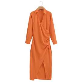 2024春wish亚马逊eBay褶皱橘色长袖衬衫式连衣裙