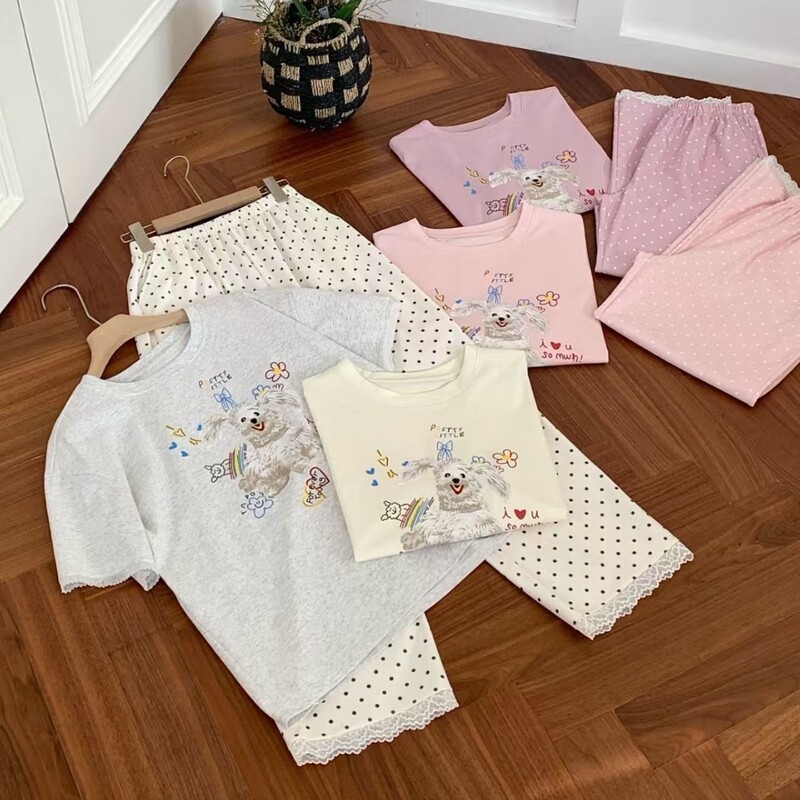 Msusu Cotton Polka Dot Naughty Dog Outfit Casual Loose Short-Sleeve Long Pants Sweet Lace Edge Cartoon Pajamas Msusu Cotton Polka Dot Naughty Dog Outfit Casual Loose Short-Sleeve Long Pants Sweet Lace Edge Cartoon Pajamas