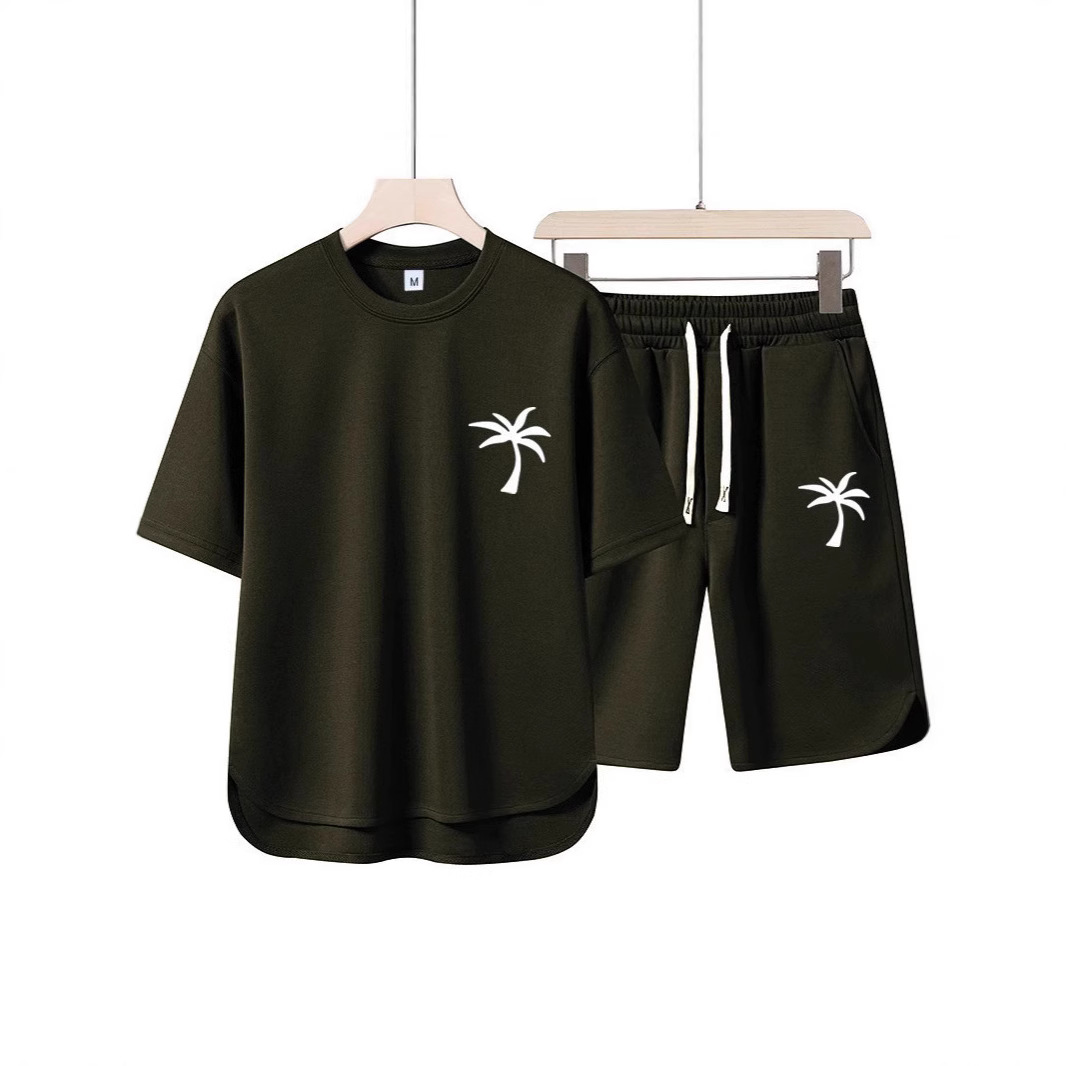 2025 여름 크로스보더 신작 남성 라운드 넥 티셔츠 3D 프린트 코코넛 비치 트리 풀오버 반팔 멀티 컬러 옵션