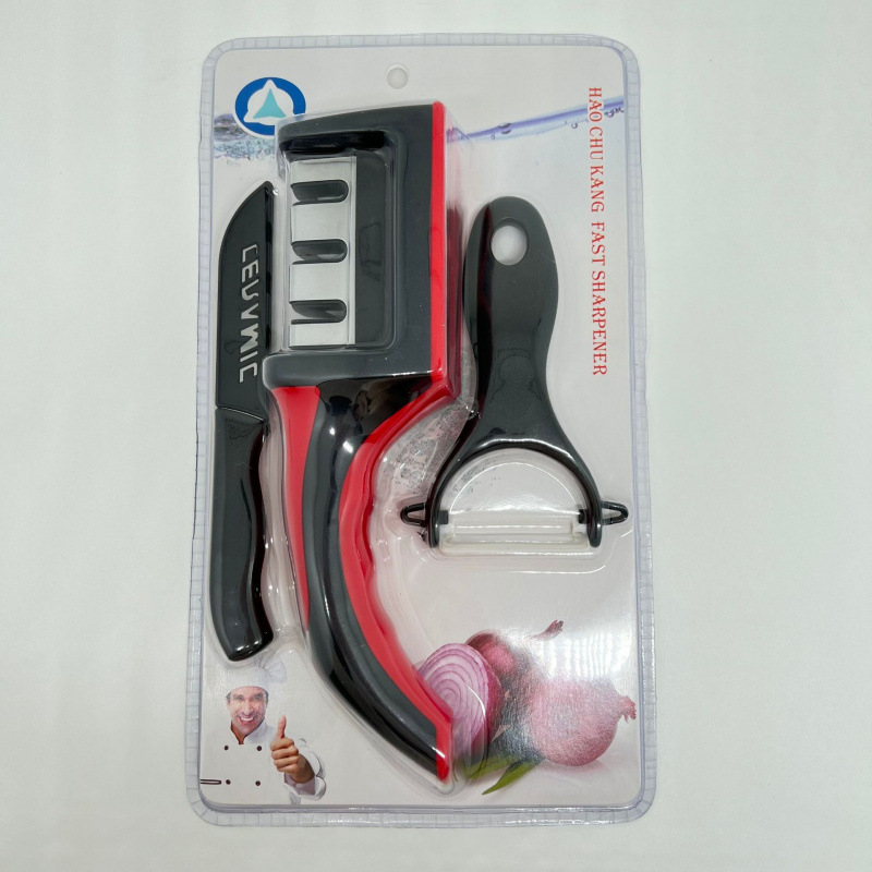 Productos de cocina de tres piezas, afilador de cuchillos, cuchillo de planador de melón, un conjunto de piedra afiladora necesaria para hacer