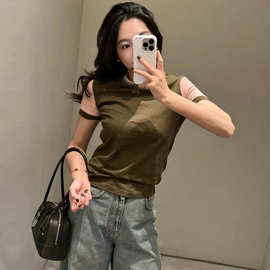 春夏新款罗家经典图腾刺绣百搭显瘦拼色全棉圆领短袖T恤女