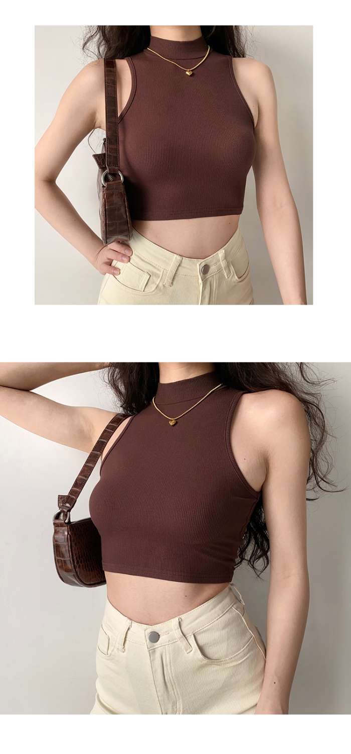 84g Weight Short Sleeve Sleeve Length Polyester Fabric Type Short Top Length Wrap Crop Top Tops Type Holiday Occasion High Neck Neckline Slim Fit Type Solid Color Pattern Summer, Autumn Season Women's Gender Casual Style Wholesale Women's Casual Solid Color Short Sleeve Tank Tops 2
