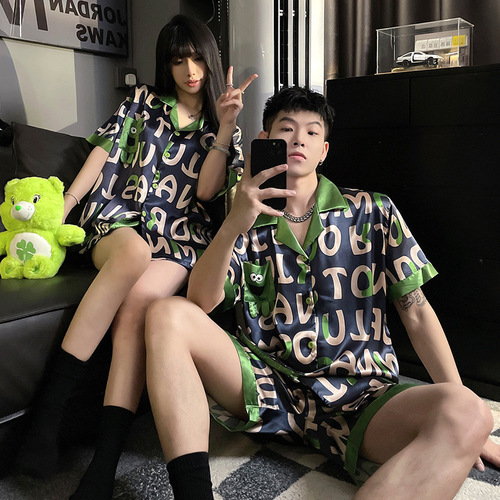 Factory Wholesale 2024 New Summer Couple Pajamas Women Summer Ice Silk Short Sleeve Shorts High-end Men's Foreign Trade