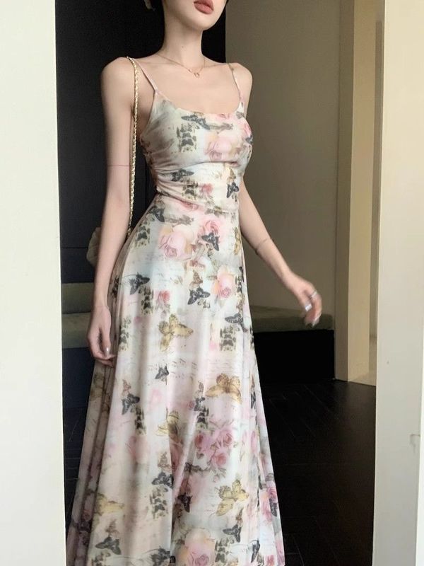 2025 新茶色の生の香り純粋な欲望スタイル花柄ドレス女性の夏の蝶プリントウエストサスペンダースカートロングスカート|undefined