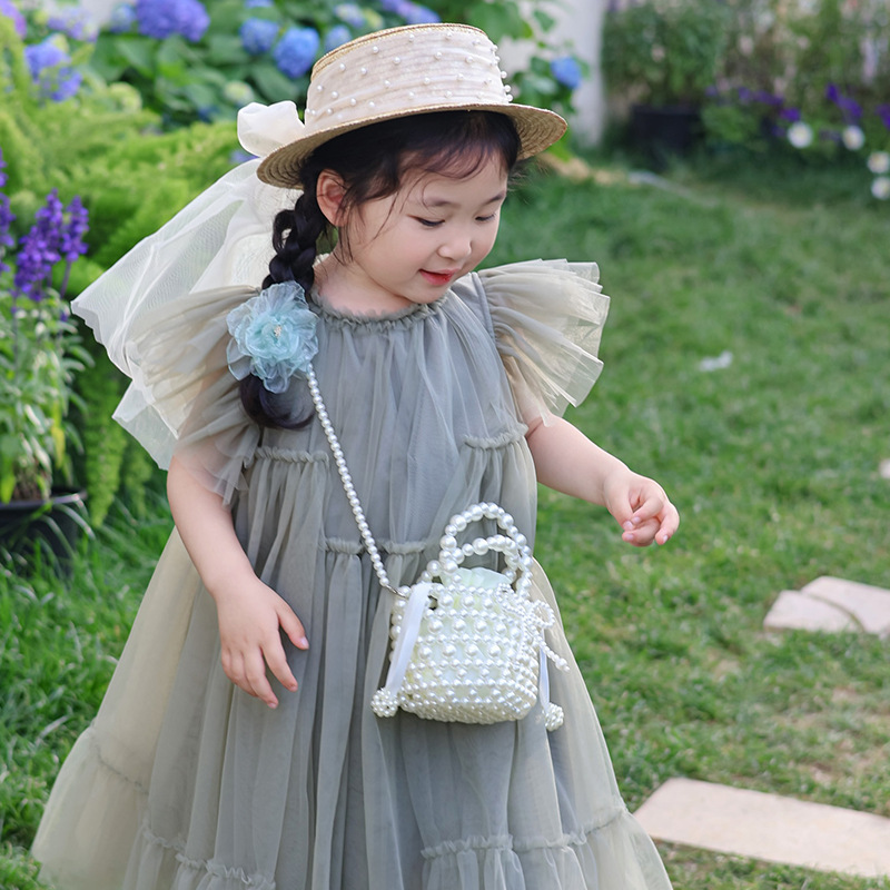 Linda niña bandolera dulce perla cesta estilo occidental princesa niño bandolera verano nuevo bolso para niños