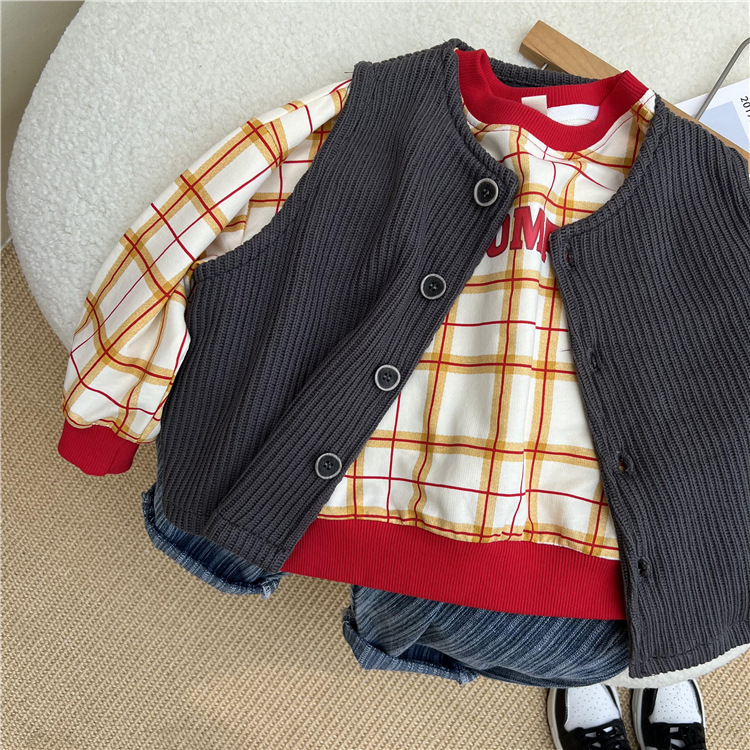 Felpa con cappuccio a quadri stampata per bambini 2024, un nuovo prodotto autunnale dalla Corea del Sud, con scollo rotondo dai colori vivaci_voghion.com