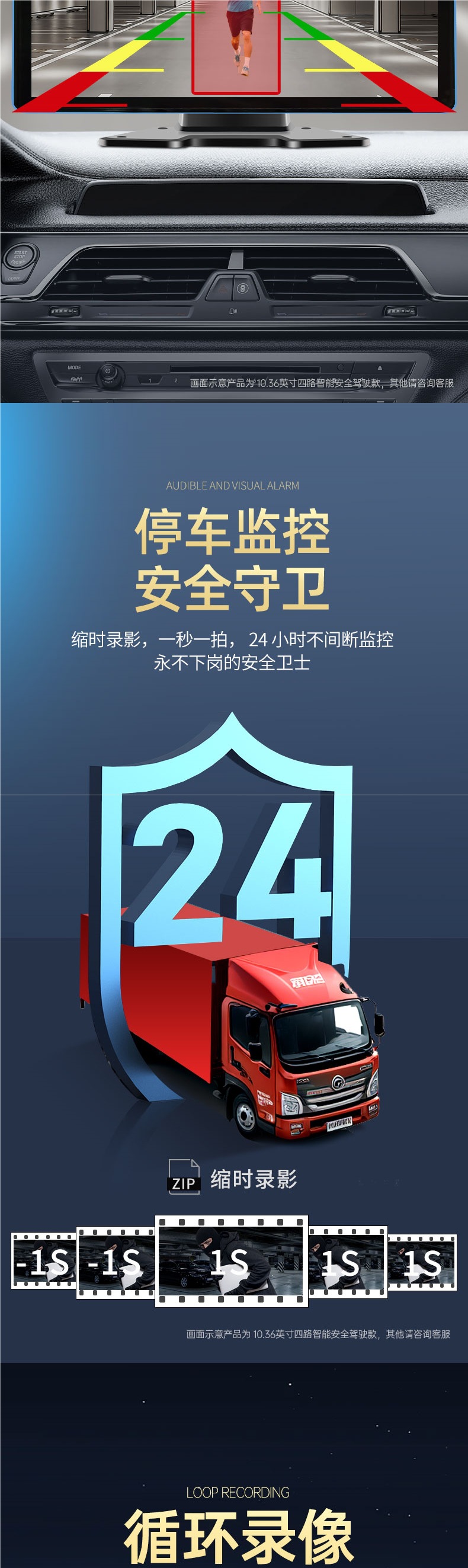 Truck 360-degree panoramic dashcam with CarPlay mobile phone connectivity, MP5, blind spot four-way warning monitoring system