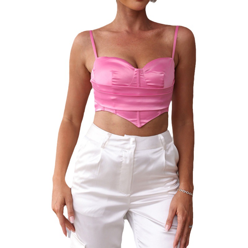 Europa y América ins estilo popular color sólido pequeño camisola mujer verano desgaste sexy backless encaje-up corto top