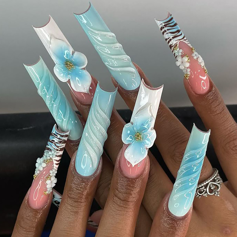 Cross-Border Hot Selling 3D Stereo Fake Nails, Sweet and Cool Line Style Blue Nail Surface, Cute Flowers, Gorgeous Diamonds and Stars