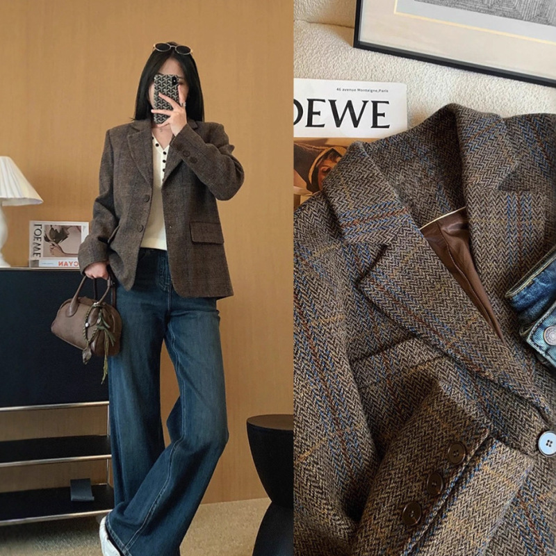 Seoul-Style Suit! Private Label Fine-Spun All-Wool Retro Herringbone Thickened Regular Shoulder Slimming Suit Jacket Seoul-Style Suit! Private Label Fine-Spun All-Wool Retro Herringbone Thickened Regular Shoulder Slimming Suit Jacket