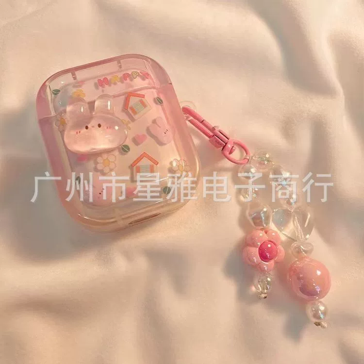 Защитный чехол INS для AirPods (1/2/3/Pro/Pro2/4) — фуксия с 3D-зайчиком и сердечком
