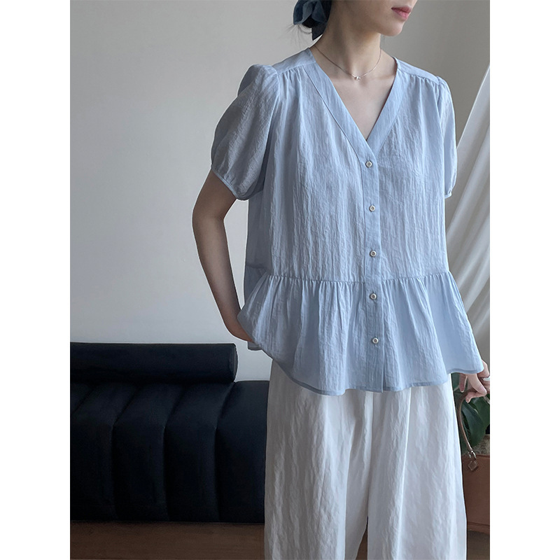 [Benefit Item, No Returns or Exchanges] Korean Style V Neck Single-Breasted Babydoll Shirt for Women, Waist-Cinching Short-Sleeved Shirt 2736