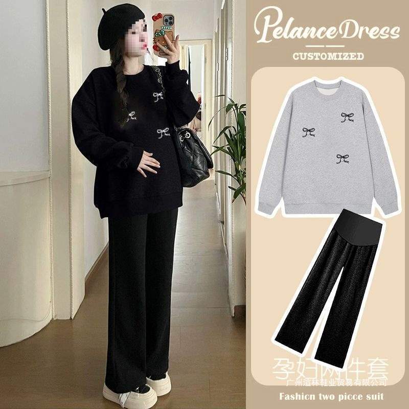 Maternity Autumn Tops, Spring and Autumn Suits, Fashionable Autumn Maternity Wear Sweatshirts, Women's Casual Belly Support Pants Two-Piece Set