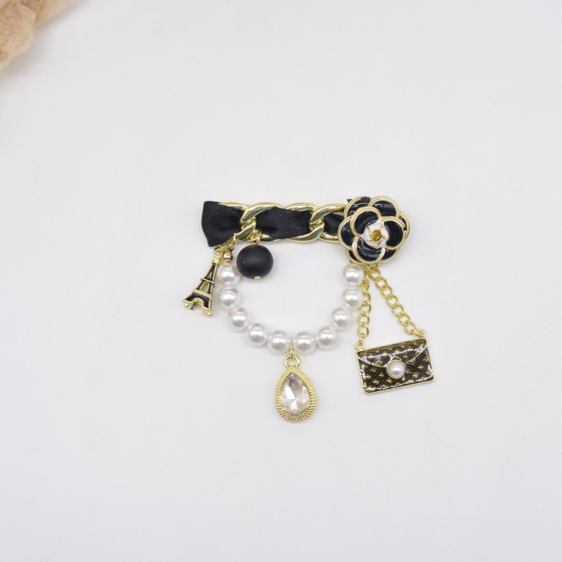 Vintage Metallbrosche Mit Kamelie Und Perlenkette Für Damen_voghion.com