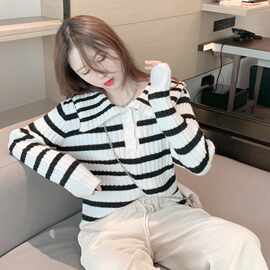 秋冬季娃娃领条纹短款针织衫ins潮女外穿洋气毛衣慵懒风百搭上衣