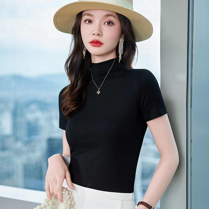秋季黑色半高领韩版修身T恤女职业正装内搭针织短袖上衣高弹打底