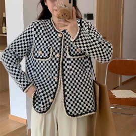 小香风棋盘格仿水貂绒毛衣女2023秋冬新款高级感格子针织开衫外套