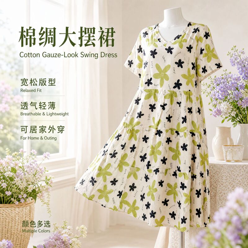 Factory Export Specializes in Cotton Silk Flared Skirts, Home Sleep Dresses, Pajamas, Casual Short-Sleeve Floral Patterns, Simple Designs That Can Be Worn Outside