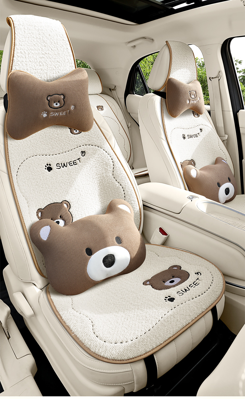 Winter Plush Bear Car Seat Cushion Car Cushion Neck Pillow Winter Warm Car Interior Supplies