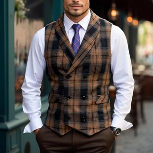 2025 European and American Retro Casual Double-breasted Suit Vest Men's British Business Plaid Vest -50