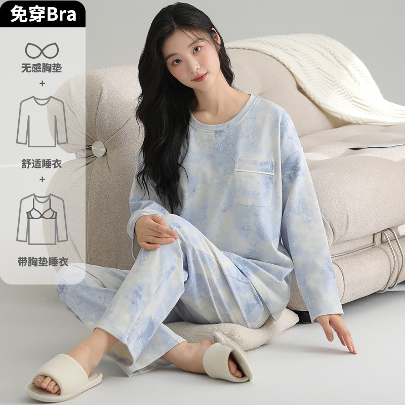 Pijama de mujer otoño y invierno pantalones de mangas largas con cojín de pecho suelto encantador traje deportivo casual de dibujos animados ropa para el hogar