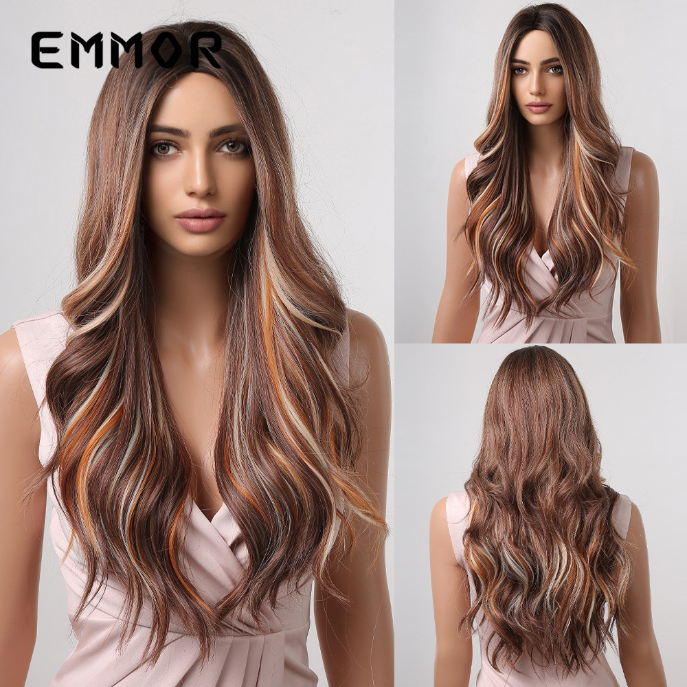 Amazon Comercio exterior transfronterizo nuevo cabello rizado largo de longitud media degradado resalte marrón Peluca de fibra química europea y americana cubierta de la cabeza completa