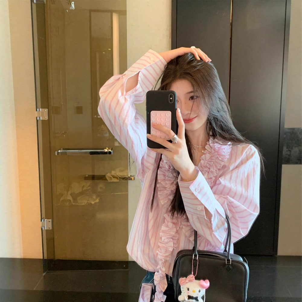 Amazon Shein 2025 New Autum V Neck Flower Edge Stripesd Long-Sleeved Shirt Spring and Autum Tops for Women