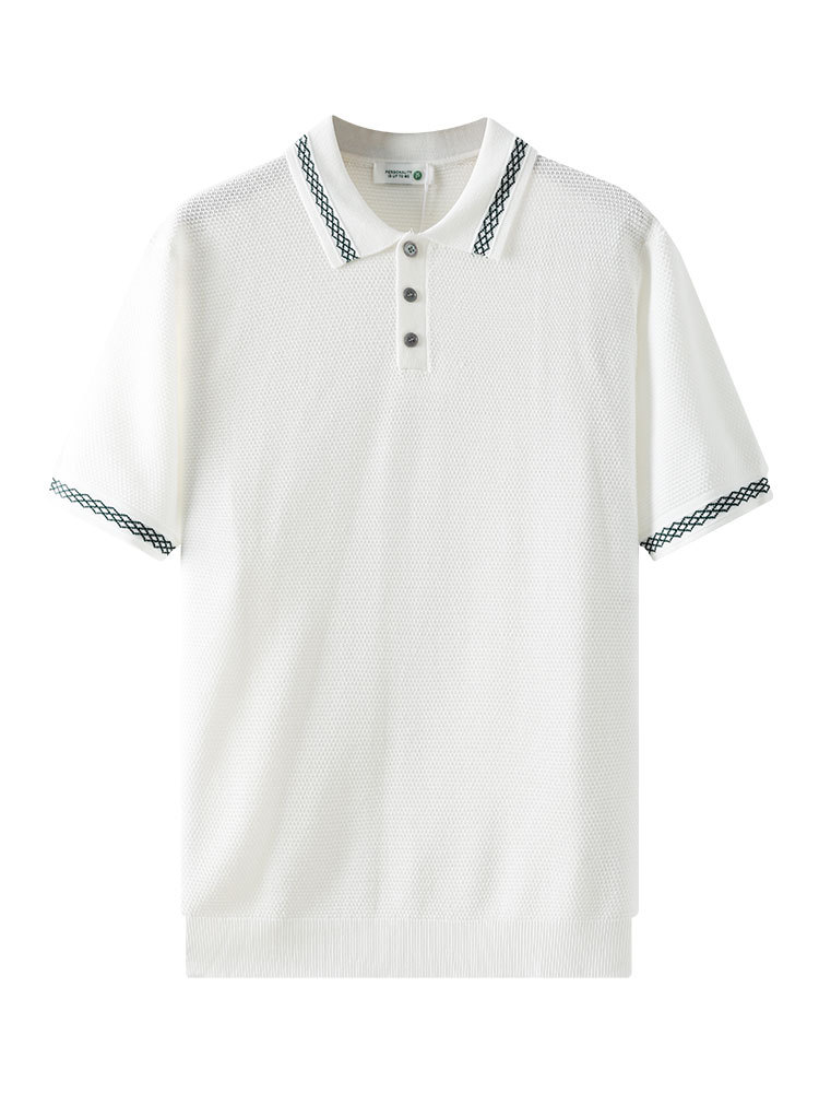 Hombres nuevo patrón de piña hielo jersey polo de punto de manga corta botón de solapa hombre sensación de alto grado de ropa casual de hombre verano