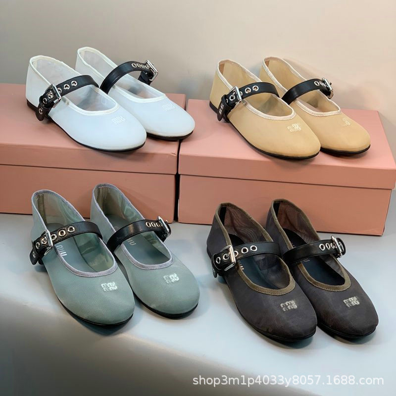 High-End~~Miao Brand New Mesh Flat Buckle Ballet Shoes with Round Toe and Shallow Mouth Mary Jane Shoes Made in Guangdong