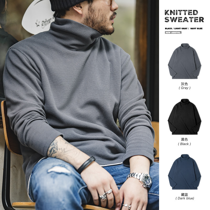 마든 워크웨어 아메리칸 캐주얼 그레이 스웨트셔츠 와플 하이넥 보온 이너웨어 긴팔 티셔츠 베이스레이어 남성용 봄