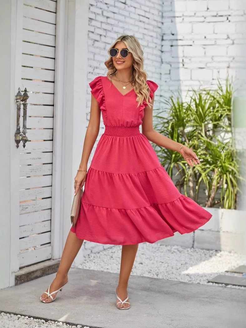 2025 European and American Fashion Amazon Independent Site Ruffle Sleeve Solid Color V-Neck Waist-Cinching Slimming Dress