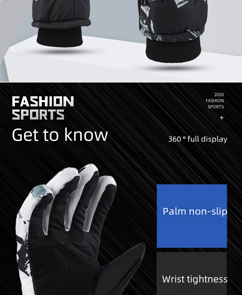 Winter Men's and Women's Cold-proof Fleece-lined Thickened Cotton Waterproof Non-slip Warm Riding Outdoor White Graffiti Ski Gloves_maomaolike.com