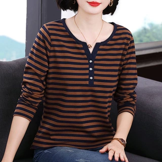 经典撞色条纹衫长袖t恤女士休闲大码女装简约2026新款洋气上衣