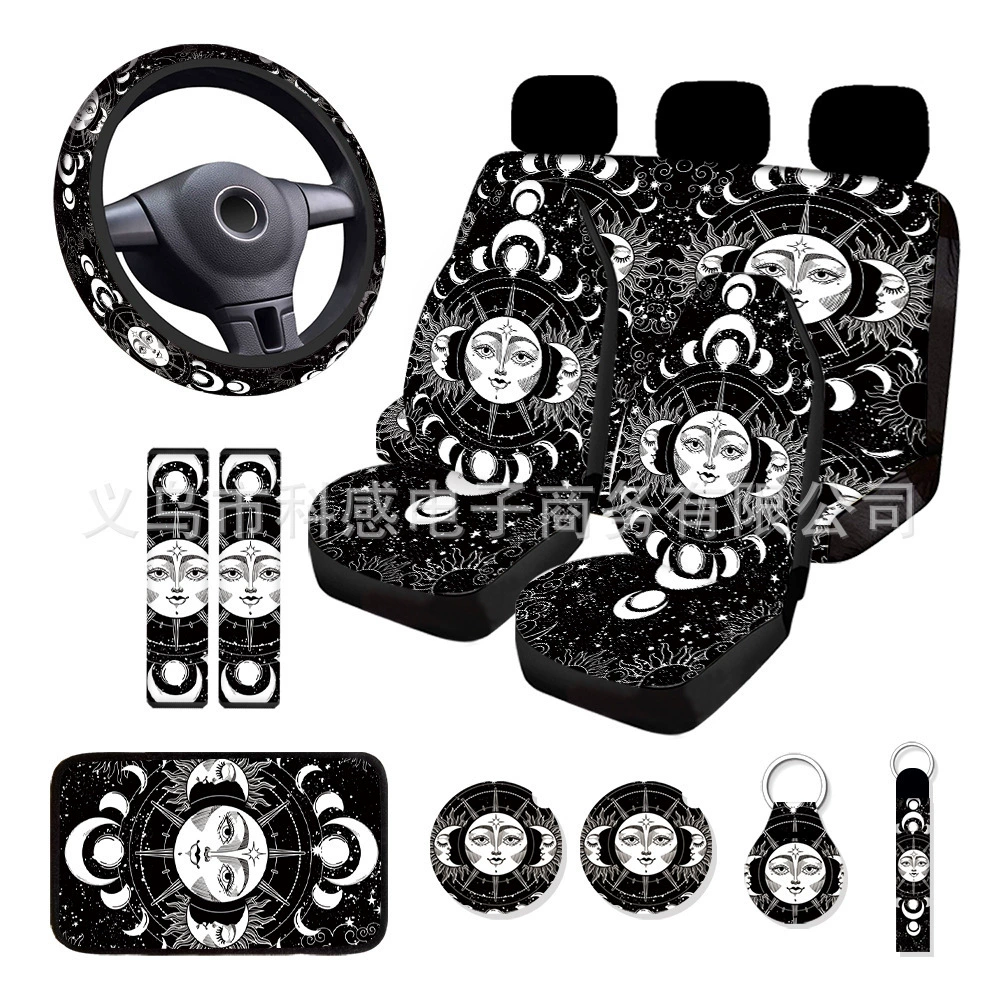 Черно-белый комплект из 15 предметов с принтом женского лица и луны: универсальные чехлы для автомобильных сидений, чехол на руль, подушка для подлокотника, наплечник
