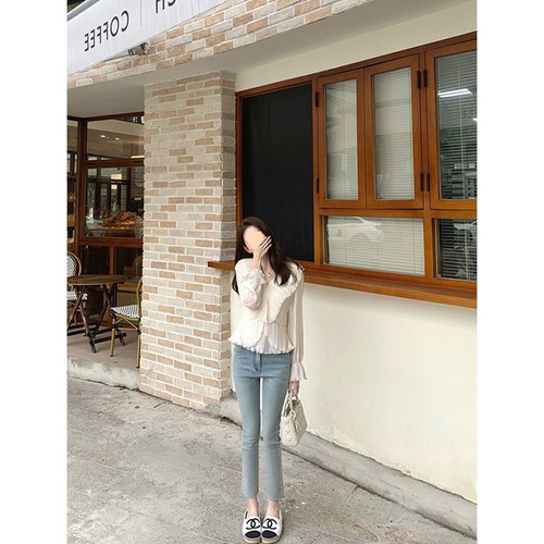 High-waisted skinny mini foot-skimming slimming slightly tapered nine-inch cigarette pants for women 2025 light blue straight-leg jeans for women