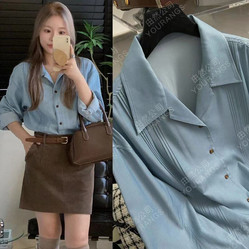 【Clearance Sale 100】Bv Pajama Collar Pleated Striped Cool Artistic Style Long Sleeve Loose H-Line Denim Blue Shirt