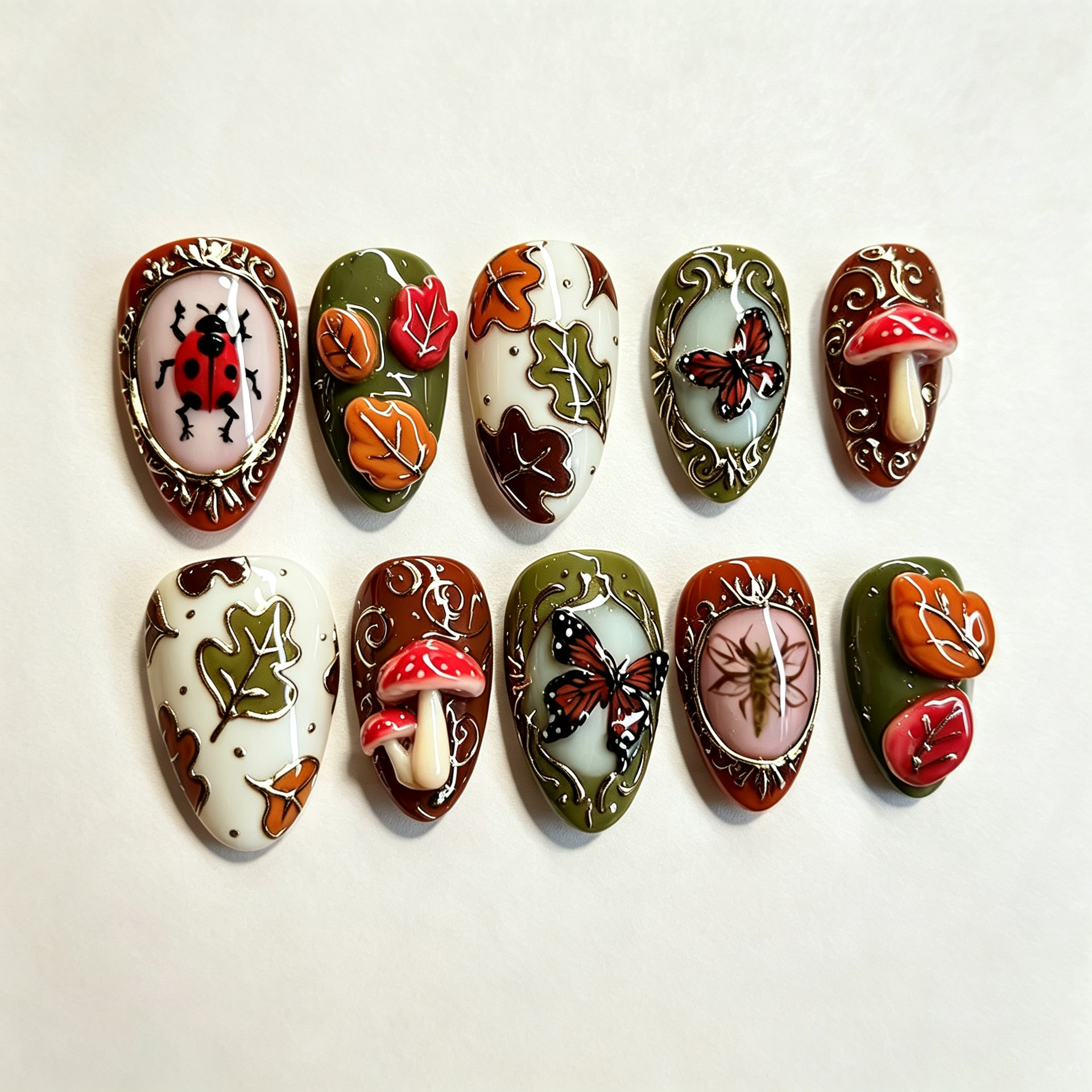 30 pieces of exquisite 3D three-dimensional ladybug almond gold-plated press-on nails in ins style, butterfly nail art wholesale