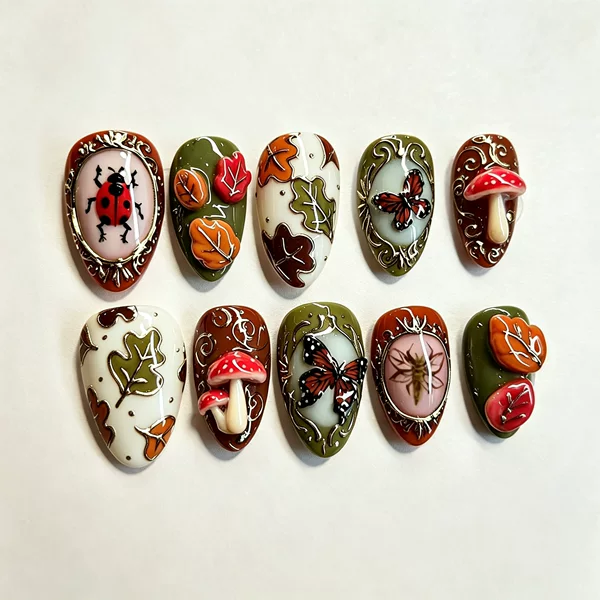 30 pieces of exquisite 3D three-dimensional ladybug almond gold-plated press-on nails in ins style, butterfly nail art wholesale
